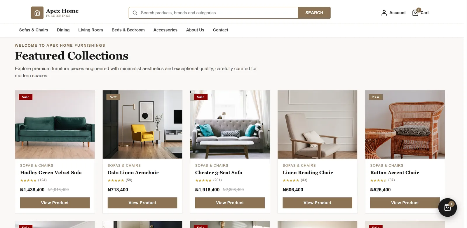Apex Home Furnishings storefront showing a Featured Collections grid of sofas and chairs with prices in naira.