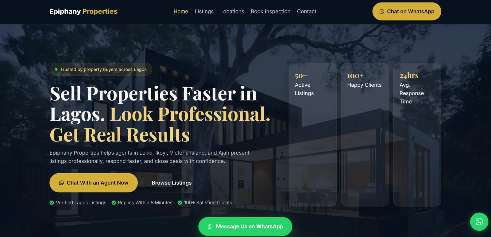 Epiphany Properties homepage with the headline Sell Properties Faster in Lagos and WhatsApp contact buttons.