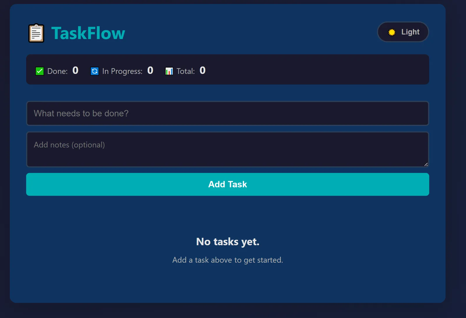TaskFlow interface with done, in-progress and total counters and a form to add a task.
